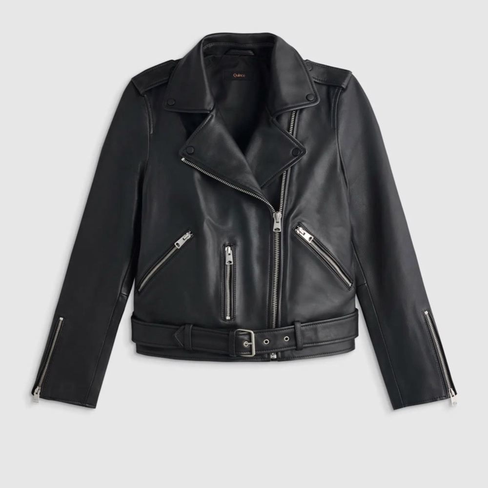 QUINCE Black Leather Moto Jacket. Size Large